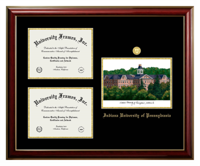 Triple Opening with Campus Image Frame in Classic Mahogany with Gold Trim with Black & Gold Mats for DOCUMENT: 8 1/2"H X 11"W  , DOCUMENT: 8 1/2"H X 11"W  