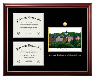 Indiana University of Pennsylvania Triple Opening with Campus Image Frame in Classic Mahogany with Gold Trim with Black & Gold Mats for DOCUMENT: 8 1/2"H X 11"W  , DOCUMENT: 8 1/2"H X 11"W  