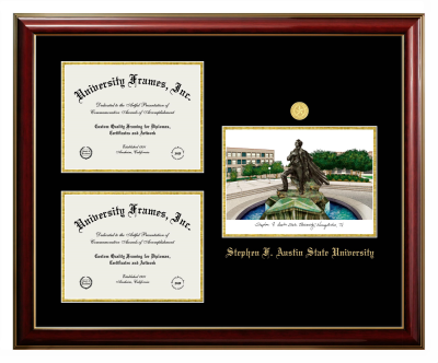 Triple Opening with Campus Image Frame in Classic Mahogany with Gold Trim with Black & Gold Mats for DOCUMENT: 8 1/2"H X 11"W  , DOCUMENT: 8 1/2"H X 11"W  