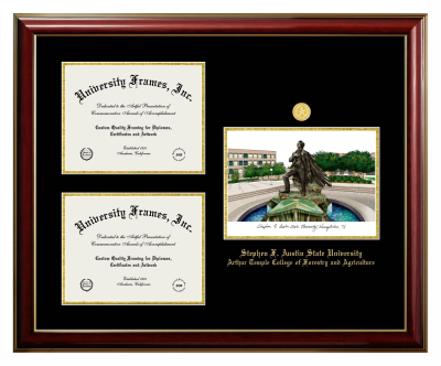 Triple Opening with Campus Image Frame in Classic Mahogany with Gold Trim with Black & Gold Mats for DOCUMENT: 8 1/2"H X 11"W  , DOCUMENT: 8 1/2"H X 11"W  