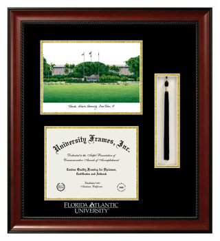 Double Opening with Campus Image & Tassel Box (Stacked) Frame in Avalon Mahogany with Black & Gold Mats for DOCUMENT: 8 1/2"H X 11"W  