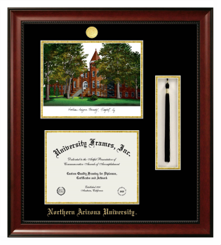 Double Opening with Campus Image & Tassel Box (Stacked) Frame in Avalon Mahogany with Black & Gold Mats for DOCUMENT: 8 1/2"H X 11"W  