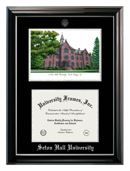 Double Opening with Campus Image (Stacked) Frame in Classic Ebony with Silver Trim with Black & Silver Mats for DOCUMENT: 8 1/2"H X 11"W  