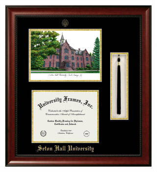 Double Opening with Campus Image & Tassel Box (Stacked) Frame in Avalon Mahogany with Black & Gold Mats for DOCUMENT: 8 1/2"H X 11"W  