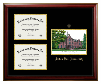 Triple Opening with Campus Image Frame in Classic Mahogany with Gold Trim with Black & Gold Mats for DOCUMENT: 8 1/2"H X 11"W  , DOCUMENT: 8 1/2"H X 11"W  