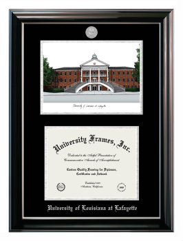 Double Opening with Campus Image (Stacked) Frame in Classic Ebony with Silver Trim with Black & Silver Mats for DOCUMENT: 8 1/2"H X 11"W  