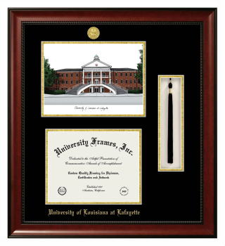 Double Opening with Campus Image & Tassel Box (Stacked) Frame in Avalon Mahogany with Black & Gold Mats for DOCUMENT: 8 1/2"H X 11"W  