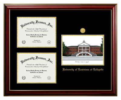 Triple Opening with Campus Image Frame in Classic Mahogany with Gold Trim with Black & Gold Mats for DOCUMENT: 8 1/2"H X 11"W  , DOCUMENT: 8 1/2"H X 11"W  