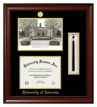 Double Opening with Campus Image & Tassel Box (Stacked) Frame in Avalon Mahogany with Black & Gold Mats for DOCUMENT: 8 1/2"H X 11"W  