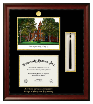 Double Opening with Campus Image & Tassel Box (Stacked) Frame in Avalon Mahogany with Black & Gold Mats for DOCUMENT: 8 1/2"H X 11"W  