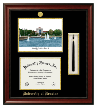 Double Opening with Campus Image & Tassel Box (Stacked) Frame in Avalon Mahogany with Black & Gold Mats for DOCUMENT: 8 1/2"H X 11"W  