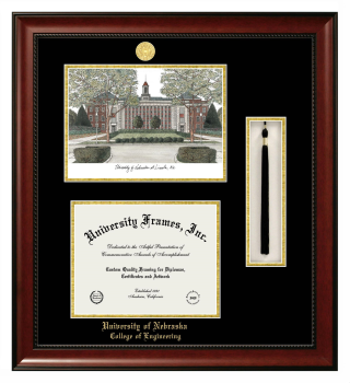 Double Opening with Campus Image & Tassel Box (Stacked) Frame in Avalon Mahogany with Black & Gold Mats for DOCUMENT: 8 1/2"H X 11"W  