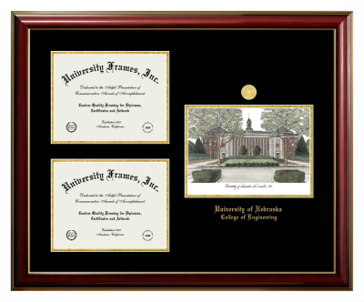 Triple Opening with Campus Image Frame in Classic Mahogany with Gold Trim with Black & Gold Mats for DOCUMENT: 8 1/2"H X 11"W  , DOCUMENT: 8 1/2"H X 11"W  