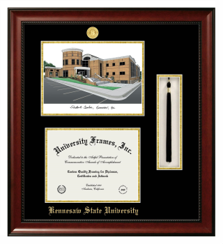 Kennesaw State University Double Opening with Campus Image & Tassel Box (Stacked) Frame in Avalon Mahogany with Black & Gold Mats for DOCUMENT: 8 1/2"H X 11"W  