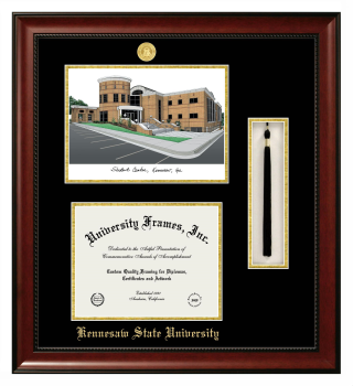 Double Opening with Campus Image & Tassel Box (Stacked) Frame in Avalon Mahogany with Black & Gold Mats for DOCUMENT: 8 1/2"H X 11"W  