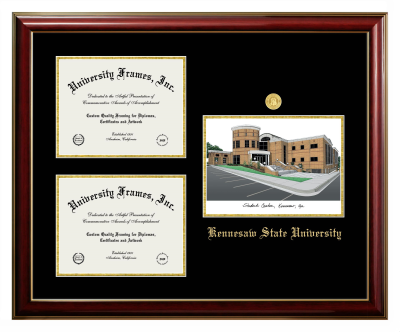 Kennesaw State University Triple Opening with Campus Image Frame in Classic Mahogany with Gold Trim with Black & Gold Mats for DOCUMENT: 8 1/2"H X 11"W  , DOCUMENT: 8 1/2"H X 11"W  