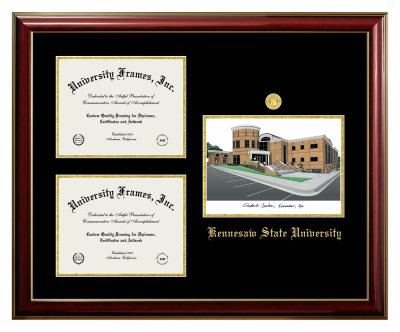 Triple Opening with Campus Image Frame in Classic Mahogany with Gold Trim with Black & Gold Mats for DOCUMENT: 8 1/2"H X 11"W  , DOCUMENT: 8 1/2"H X 11"W  