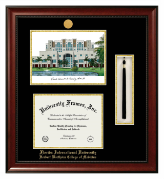 Double Opening with Campus Image & Tassel Box (Stacked) Frame in Avalon Mahogany with Black & Gold Mats for DOCUMENT: 8 1/2"H X 11"W  