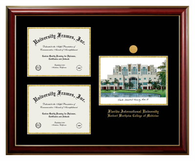 Triple Opening with Campus Image Frame in Classic Mahogany with Gold Trim with Black & Gold Mats for DOCUMENT: 8 1/2"H X 11"W  , DOCUMENT: 8 1/2"H X 11"W  