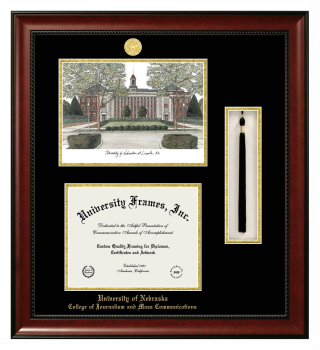 Double Opening with Campus Image & Tassel Box (Stacked) Frame in Avalon Mahogany with Black & Gold Mats for DOCUMENT: 8 1/2"H X 11"W  