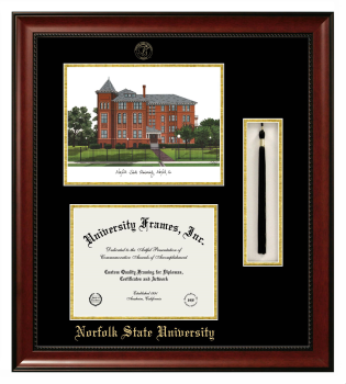 Double Opening with Campus Image & Tassel Box (Stacked) Frame in Avalon Mahogany with Black & Gold Mats for DOCUMENT: 8 1/2"H X 11"W  