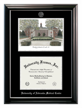 Double Opening with Campus Image (Stacked) Frame in Classic Ebony with Silver Trim with Black & Silver Mats for DOCUMENT: 8 1/2"H X 11"W  