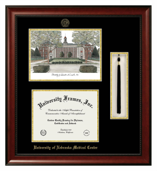 Double Opening with Campus Image & Tassel Box (Stacked) Frame in Avalon Mahogany with Black & Gold Mats for DOCUMENT: 8 1/2"H X 11"W  