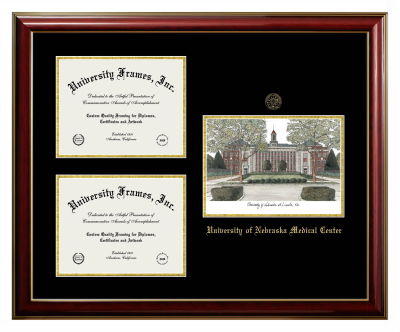 Triple Opening with Campus Image Frame in Classic Mahogany with Gold Trim with Black & Gold Mats for DOCUMENT: 8 1/2"H X 11"W  , DOCUMENT: 8 1/2"H X 11"W  