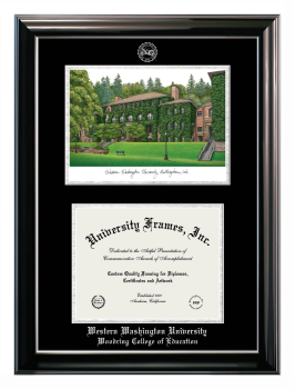 Double Opening with Campus Image (Stacked) Frame in Classic Ebony with Silver Trim with Black & Silver Mats for DOCUMENT: 8 1/2"H X 11"W  