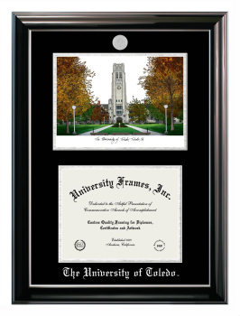 Double Opening with Campus Image (Stacked) Frame in Classic Ebony with Silver Trim with Black & Silver Mats for DOCUMENT: 8 1/2"H X 11"W  