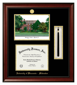 Double Opening with Campus Image & Tassel Box (Stacked) Frame in Avalon Mahogany with Black & Gold Mats for DOCUMENT: 8 1/2"H X 11"W  