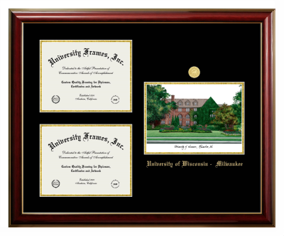 Triple Opening with Campus Image Frame in Classic Mahogany with Gold Trim with Black & Gold Mats for DOCUMENT: 8 1/2"H X 11"W  , DOCUMENT: 8 1/2"H X 11"W  