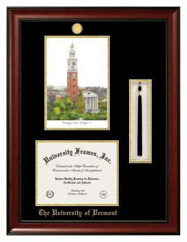 Double Opening with Campus Image & Tassel Box (Stacked) Frame in Avalon Mahogany with Black & Gold Mats for DOCUMENT: 8 1/2"H X 11"W  