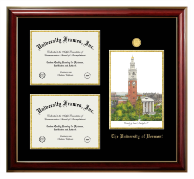 Triple Opening with Campus Image Frame in Classic Mahogany with Gold Trim with Black & Gold Mats for DOCUMENT: 8 1/2"H X 11"W  , DOCUMENT: 8 1/2"H X 11"W  