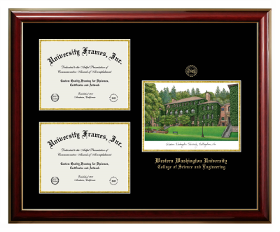 Triple Opening with Campus Image Frame in Classic Mahogany with Gold Trim with Black & Gold Mats for DOCUMENT: 8 1/2"H X 11"W  , DOCUMENT: 8 1/2"H X 11"W  