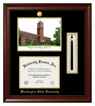 Double Opening with Campus Image & Tassel Box (Stacked) Frame in Avalon Mahogany with Black & Gold Mats for DOCUMENT: 8 1/2"H X 11"W  