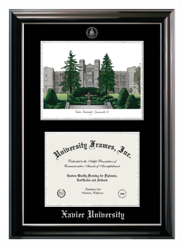 Double Opening with Campus Image (Stacked) Frame in Classic Ebony with Silver Trim with Black & Silver Mats for DOCUMENT: 8 1/2"H X 11"W  