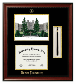 Double Opening with Campus Image & Tassel Box (Stacked) Frame in Avalon Mahogany with Black & Gold Mats for DOCUMENT: 8 1/2"H X 11"W  