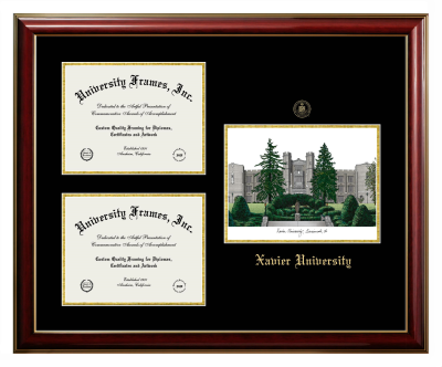 Triple Opening with Campus Image Frame in Classic Mahogany with Gold Trim with Black & Gold Mats for DOCUMENT: 8 1/2"H X 11"W  , DOCUMENT: 8 1/2"H X 11"W  