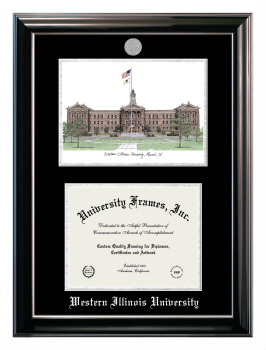 Double Opening with Campus Image (Stacked) Frame in Classic Ebony with Silver Trim with Black & Silver Mats for DOCUMENT: 8 1/2"H X 11"W  