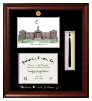 Double Opening with Campus Image & Tassel Box (Stacked) Frame in Avalon Mahogany with Black & Gold Mats for DOCUMENT: 8 1/2"H X 11"W  