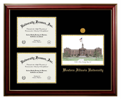 Triple Opening with Campus Image Frame in Classic Mahogany with Gold Trim with Black & Gold Mats for DOCUMENT: 8 1/2"H X 11"W  , DOCUMENT: 8 1/2"H X 11"W  