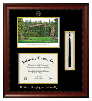 Double Opening with Campus Image & Tassel Box (Stacked) Frame in Avalon Mahogany with Black & Gold Mats for DOCUMENT: 8 1/2"H X 11"W  