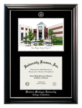 Double Opening with Campus Image (Stacked) Frame in Classic Ebony with Silver Trim with Black & Silver Mats for DOCUMENT: 8 1/2"H X 11"W  