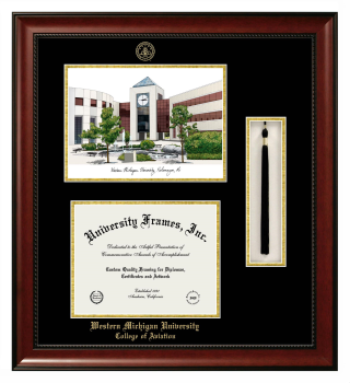 Double Opening with Campus Image & Tassel Box (Stacked) Frame in Avalon Mahogany with Black & Gold Mats for DOCUMENT: 8 1/2"H X 11"W  