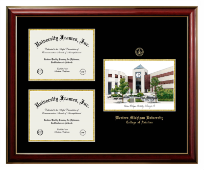 Triple Opening with Campus Image Frame in Classic Mahogany with Gold Trim with Black & Gold Mats for DOCUMENT: 8 1/2"H X 11"W  , DOCUMENT: 8 1/2"H X 11"W  