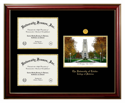 Triple Opening with Campus Image Frame in Classic Mahogany with Gold Trim with Black & Gold Mats for DOCUMENT: 8 1/2"H X 11"W  , DOCUMENT: 8 1/2"H X 11"W  