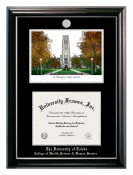 Double Opening with Campus Image (Stacked) Frame in Classic Ebony with Silver Trim with Black & Silver Mats for DOCUMENT: 8 1/2"H X 11"W  