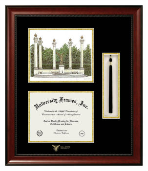 Double Opening with Campus Image & Tassel Box (Stacked) Frame in Avalon Mahogany with Black & Gold Mats for DOCUMENT: 8 1/2"H X 11"W  