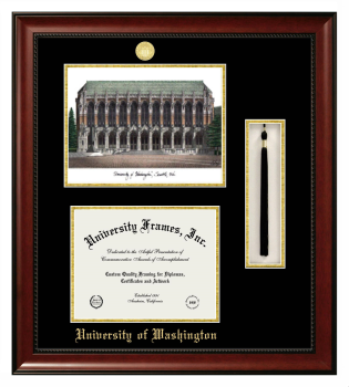 Double Opening with Campus Image & Tassel Box (Stacked) Frame in Avalon Mahogany with Black & Gold Mats for DOCUMENT: 8 1/2"H X 11"W  